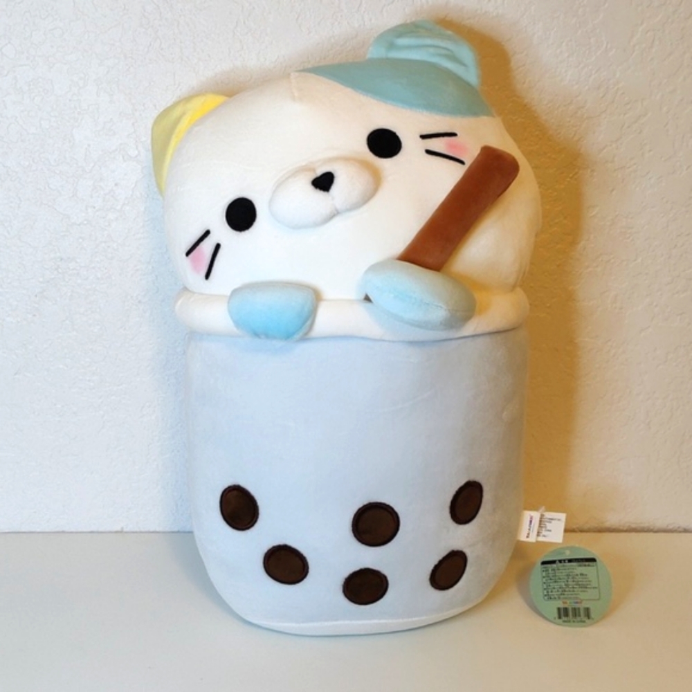 Takashoji White Cat in Blue Boba Tea Cup 14 IN